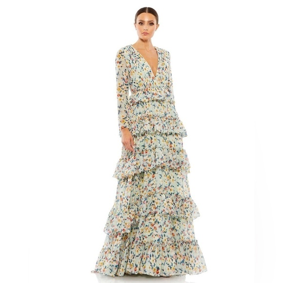 IEENA MAC DUGGAL Floral Printed Tiered Ruffle Long Sleeve gown 4 NWT - Picture 1 of 10
